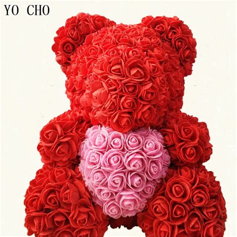 YO CHO Party Decor Red Rose Bear Gift Box Artificial Rose Bear 25 cm 40 ...