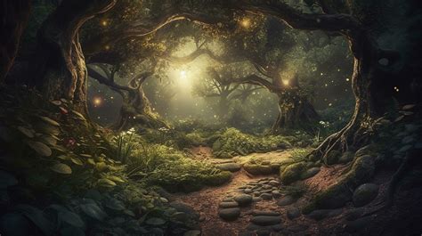 Fantasy magical enchanted fairy tale landscape, fabulous fairytale garden. mysterious background ...