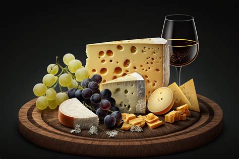 French Cheese Platter. Selection of Fine French Cheeses, Arranged on a Wooden Plate with Grapes ...