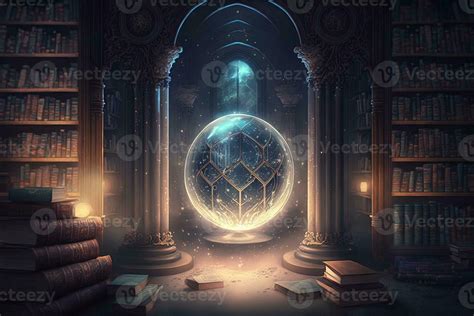 mystical library filled with ancient tomes and magical artifacts, with glowing runes etched into ...