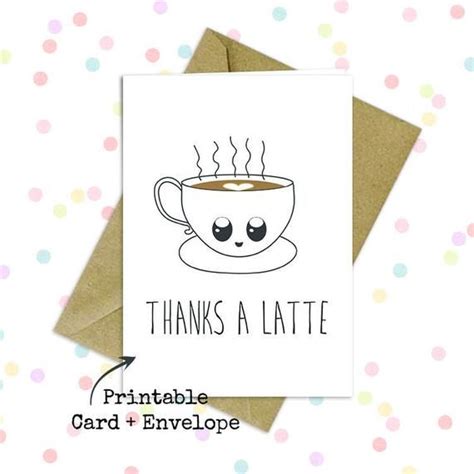 Thanks a latte/ Pun thank you card/ Kawaii thank you/ Cute punny card/ Coffee pun card/ Cute ...