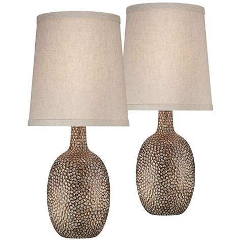 360 Lighting Modern Accent Table Lamps Set of 2 Hammered Antique Bronze Natural Linen Tapered ...