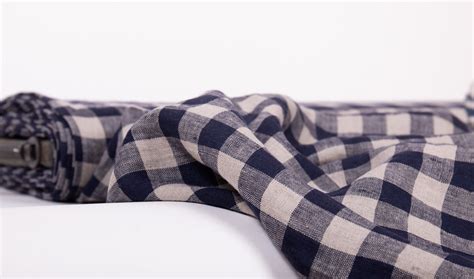 Linen fabric medium weight, Gingham check Navy blue, Pre-washed organic ...