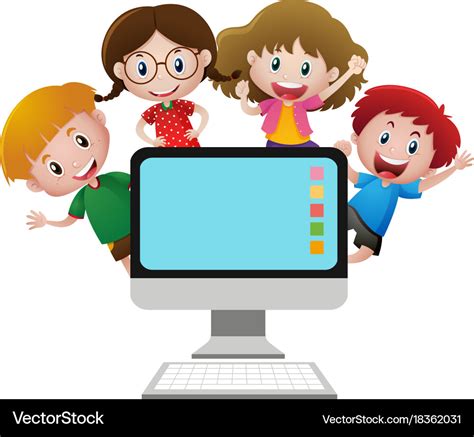 Four happy children behind computer screen Vector Image