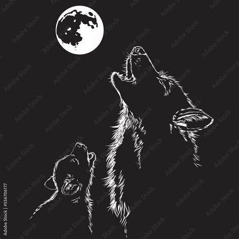 Wolf and puppy howling at the moon. Black and white drawing Stock ...