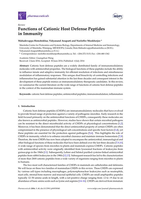 (PDF) Functions of Cationic Host Defense Peptides in Immunity