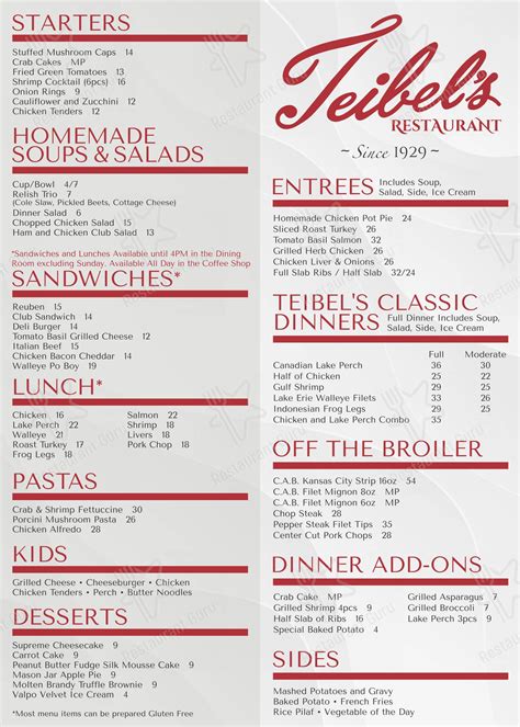 Menu at Teibel's Family Restaurant, Schererville