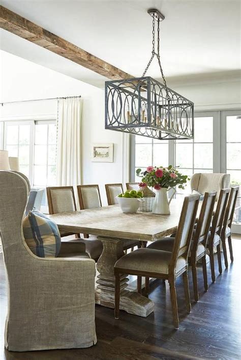 Whitewashed Trestle Dining Table with Light Gray French Square Back Dining Chairs | Cottage ...