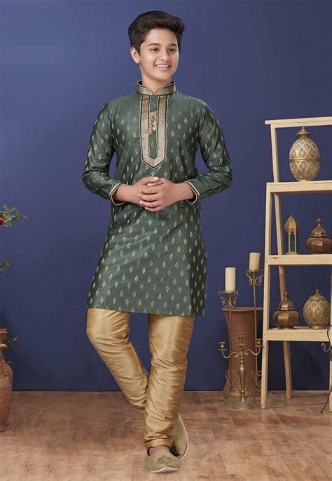 Green Colour Jacquard Silk Kids Boys Kurta Pajama.