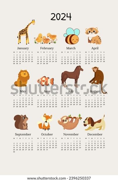 Cute Animals Calendar 2024 Stock Illustration 2396250337 | Shutterstock