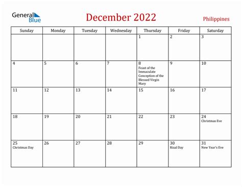 December 2022 Philippines Monthly Calendar with Holidays