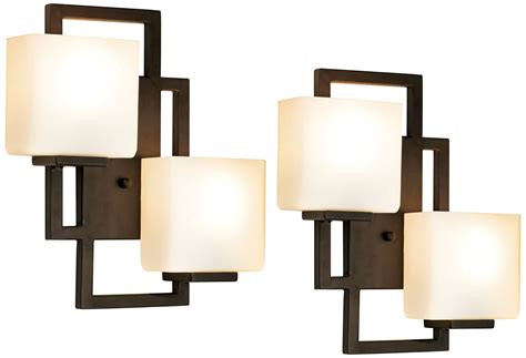 Possini Euro Design Modern Wall Light Sconces Set of 2 Bronze Hardwired 15 1/2" High 2-Light ...