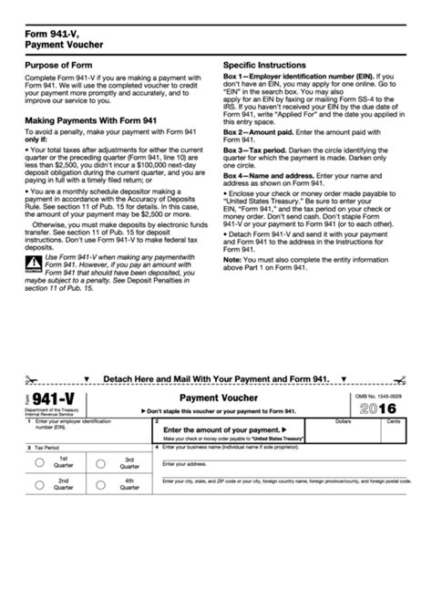 Fillable Form 941-V - Payment Voucher - 2016 printable pdf download