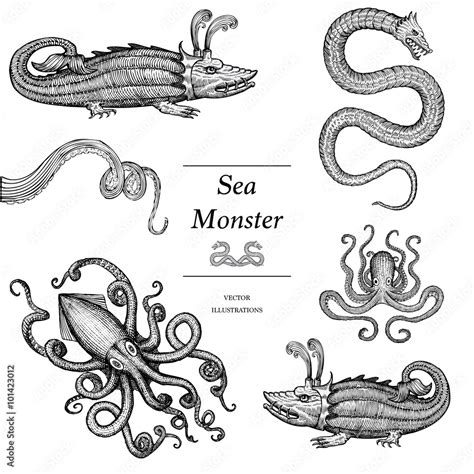 Hand Drawn Sea Monster set Stock Vector | Adobe Stock