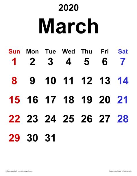 March 2020 Calendar | Templates for Word, Excel and PDF