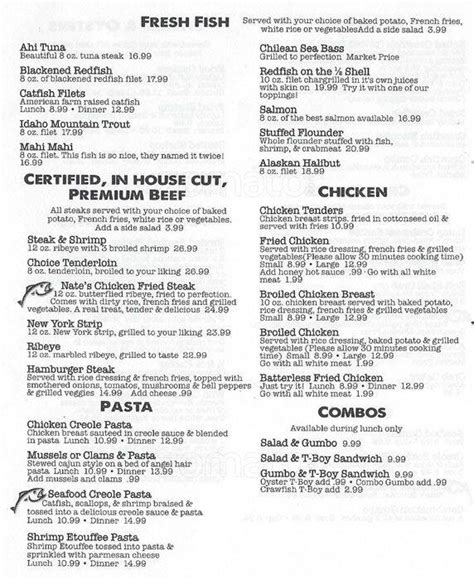 Menu at Nate's Seafood steakhouse, Addison