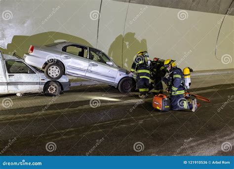 Car Accident Scene Inside a Tunnel, Firefighters Rescuing People from ...