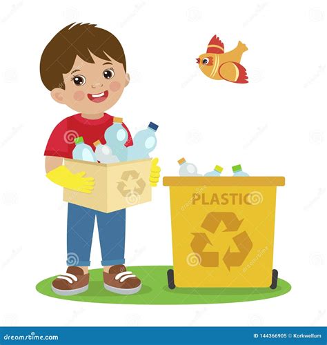 Kids Activities Vector. Ecology Theme Illustration. Boy Gathering Garbage and Plastic Waste for ...