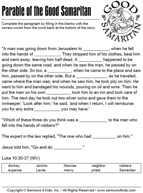 The Good Samaritan Fill in the Blank | Sermons4Kids