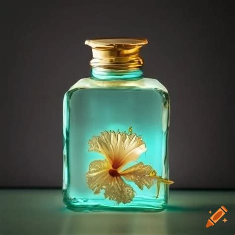 Luxurious teal bottle with gold hibiscus lid