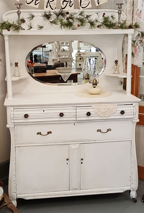 Vintage White Sideboard/Server/Buffet with mirror and shelves. Antique ...