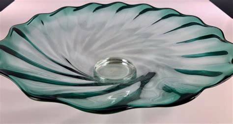 Vintage Hand Blown Centerpiece Glass Bowl Signed CRYSOPHIA Aqua Color