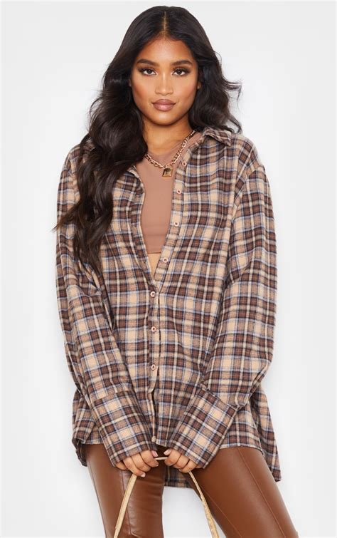 Brown Oversized Flannel Shirt | Tops | PrettyLittleThing CA