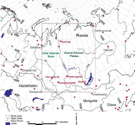 Map of central Siberia with the study area outlined in red. | Download Scientific Diagram