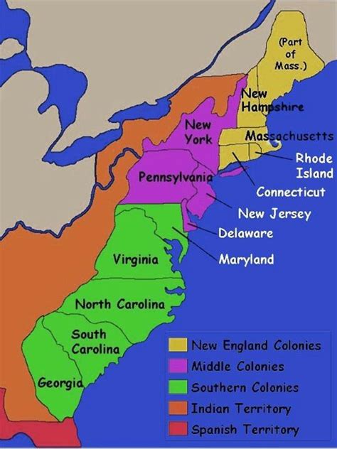 Map of the 13 Colonies divided into New England, Middle and Southern Colonies HofD-Bigger Hearts ...