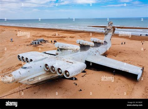 Abandoned Soviet Lun-class ekranoplan on the coast of the Caspian Sea ...