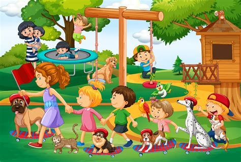 Playground scene with children playing with their animals 6037431 ...