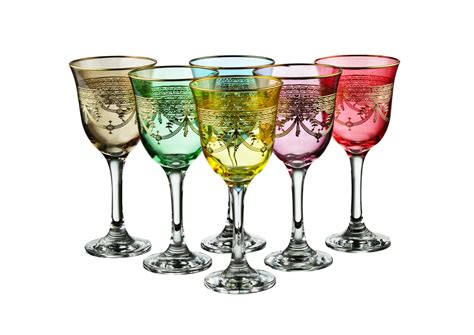 Set of 6 Colored Water Glasses With Rich Gold Design- Dishwashing Safe - World Art Glass ...