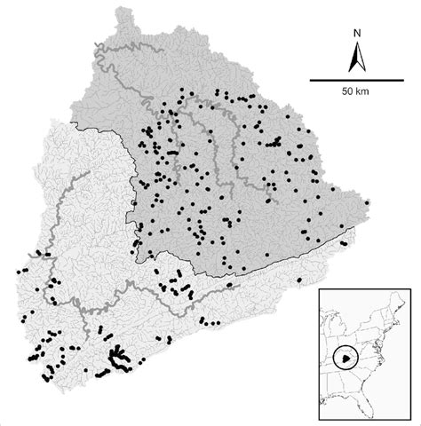 Map of sample site locations (filled circles) in the upper Kentucky ...