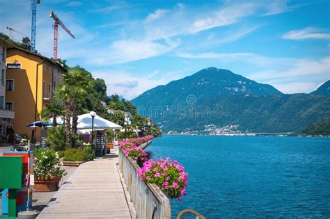 Swiss Landscape of the Lakeshore Promenade in Morcote, Switzerland. Stock Photo - Image of ...