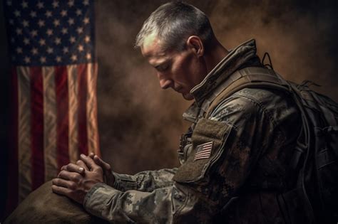 Premium AI Image | A soldier praying with a flag behind him