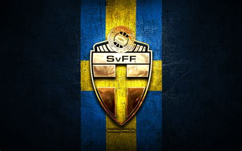 Download wallpapers Sweden National Football Team, golden logo, Europe, UEFA, blue metal ...