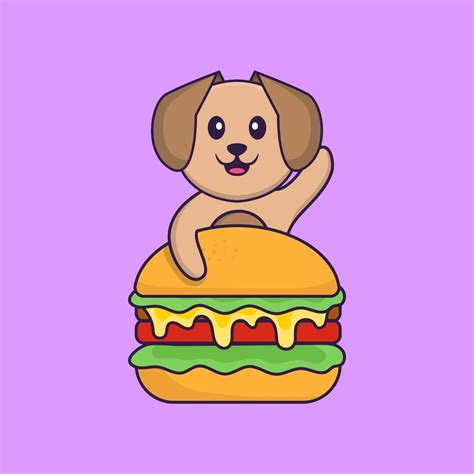 Cute dog eating burger. Animal cartoon concept isolated. Can used for t ...