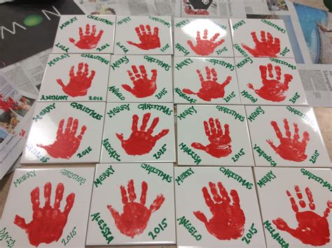 Christmas tile- make a print if child's hand and place it on ceramic bathroom tile. Make ...