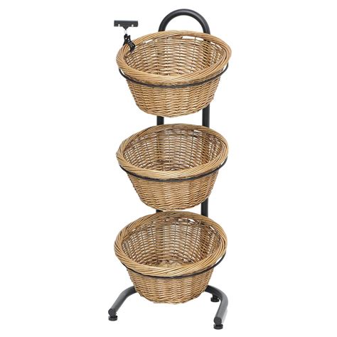 Black Metal 3-Tier Basket Stand With 3 Brown Wicker Baskets - 15 1/2"L x 8 1/2"W x 41"H