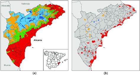 Climatic areas in the Alicante province. (a) Climatic areas, red = zone ...