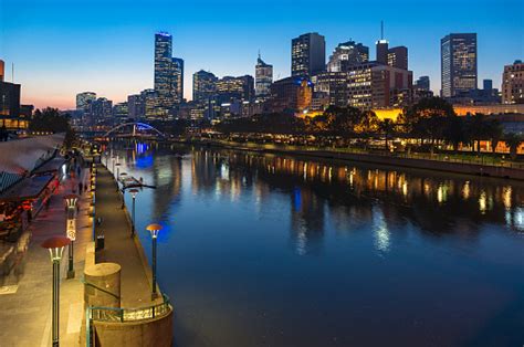 Yarra River Promenade And Melbourne Cbd At Night Stock Photo - Download ...