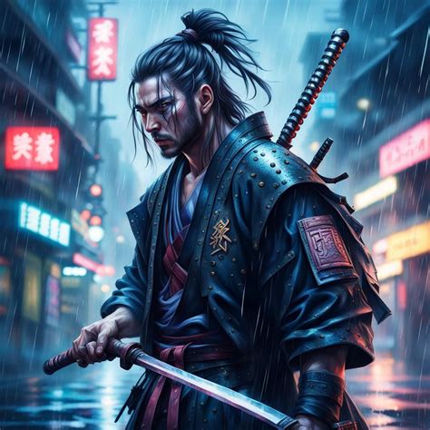 cyberpunk samurai holding a dual wielded katana in the rain and mist in the city Hyperrealistic ...