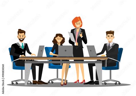 Team of successful business people having meeting in modern office, cartoon flat-style vector ...