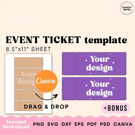 Event Ticket Template, Ticket Template Canva Printable, Ticket SVG ...