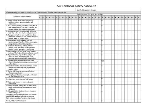 playground safety checklist - DAILY OUTDOOR SAFETY CHECKLIST Month of Inspection: January While ...