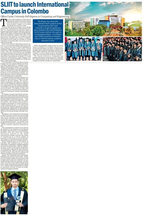 SLIIT to Launch International Campus in Colombo- Sunday Times (22.11. ...