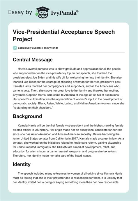 Vice-Presidential Acceptance Speech Project - 1254 Words | Essay Example