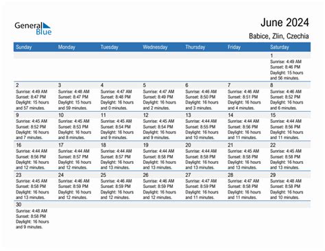 June 2024 Sunrise and Sunset Calendar for Babice (PDF, Excel, Word)