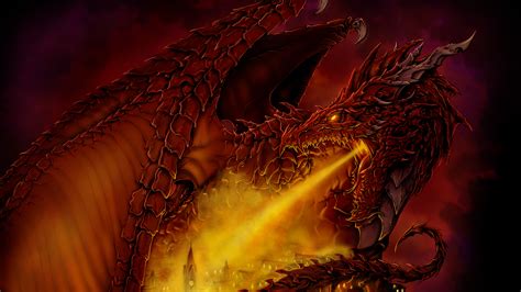 Fantasy Red Dragon Is Breathing Fire On Castle 4K HD Dreamy Wallpapers | HD Wallpapers | ID #36075