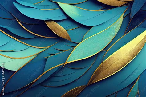 3d art wallpaper. blue, turquoise, and gray leaves, feathers, golden in drawing light background ...